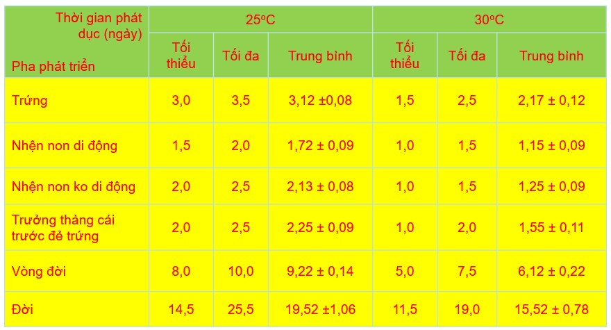 Vòng đời nhện gié tại Việt Nam ở ngưỡng 25 độc C và 30 độ C